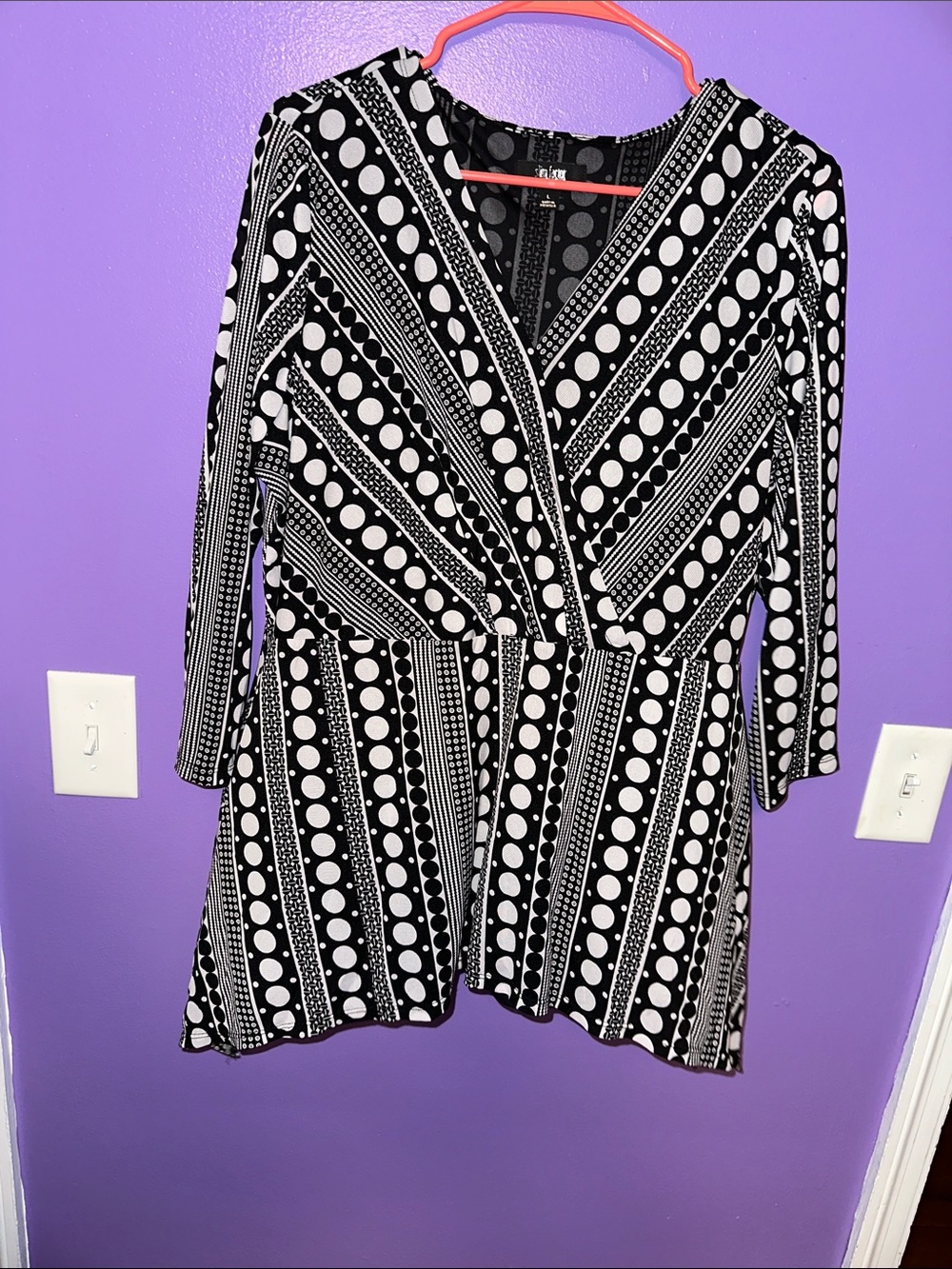 Investments Black & White Striped Polka-Dot Wrap Dress